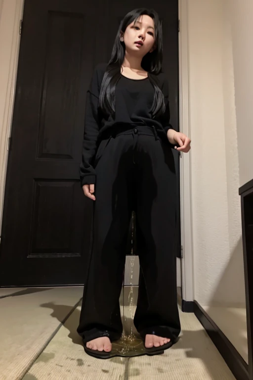 Japanese Girl sees the ghost and pees her black palazzo pants until her pants are wet in fright.