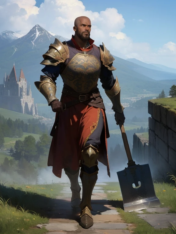 masterpiece, best quality, rpg character art, epic fantasy art style, 1 man, Garrick, 45 year old black man, stoic and reserved, full body fantasy concept art, he's a towering figure with a muscular build, dark brown skin, grey eyes, and a shaved head, high detail, casual medieval clothes (heavy, stone-like armor that makes him look like a walking mountain), (((he only carries a massive hammer))), his weapon is giant hammer, intricate details, ultra high resolution, sharp focus, HD, 8k, clear facial features, clear details, background is an open field, zoomed out view