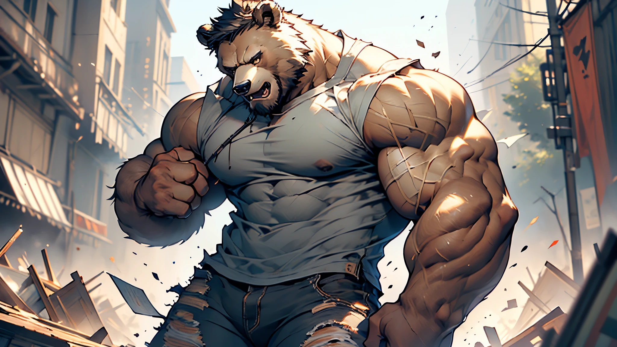 Best quality, masterpiece, ultra high res,detailed background,realistic,illustration,solo, 1 guy,size growth,giantic,bear,furry,muscular male,exaggeratedly muscular, tight clothes, ripped shirt, ripped pants,muscular,volumetric lighting,depth of field