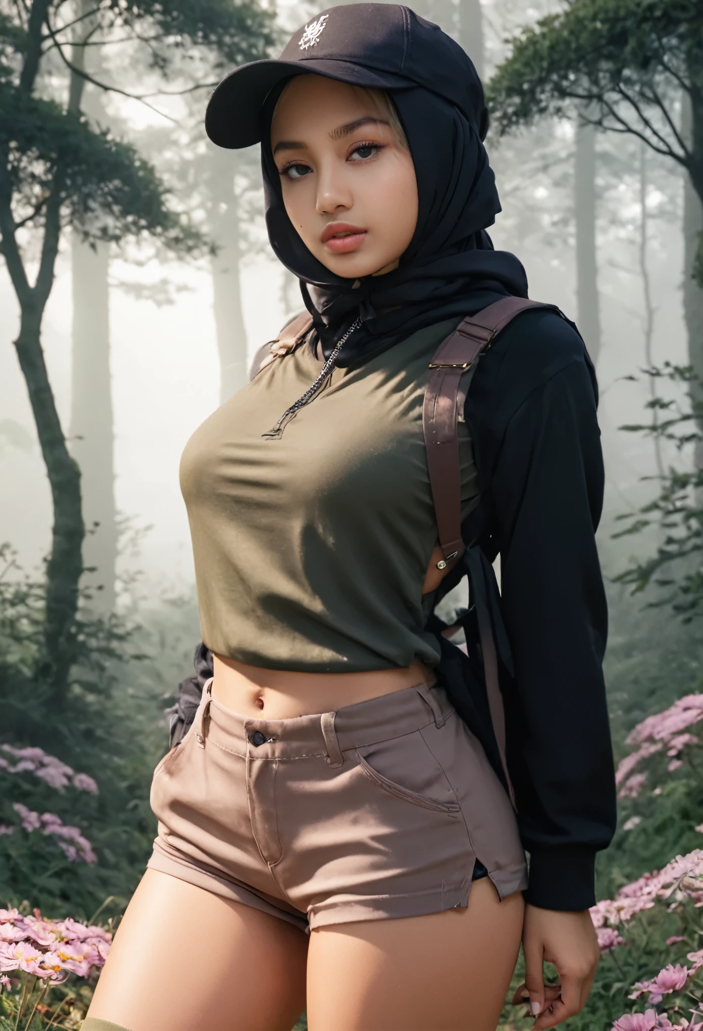 full-body portrait photograph of a young java woman hijab with polo Cap, wearing pinafore with shirt, hotpant with leggings, oversized_breasts.", she is hiking, beautiful_breasts. sensual body, in a unique, photoshot model, ((In front of flowers in the misty forest)), pullover, highres, 4k, HDR, 1girl, photorealistic, realistic, big booobs, turning away facial at viewer, closeup