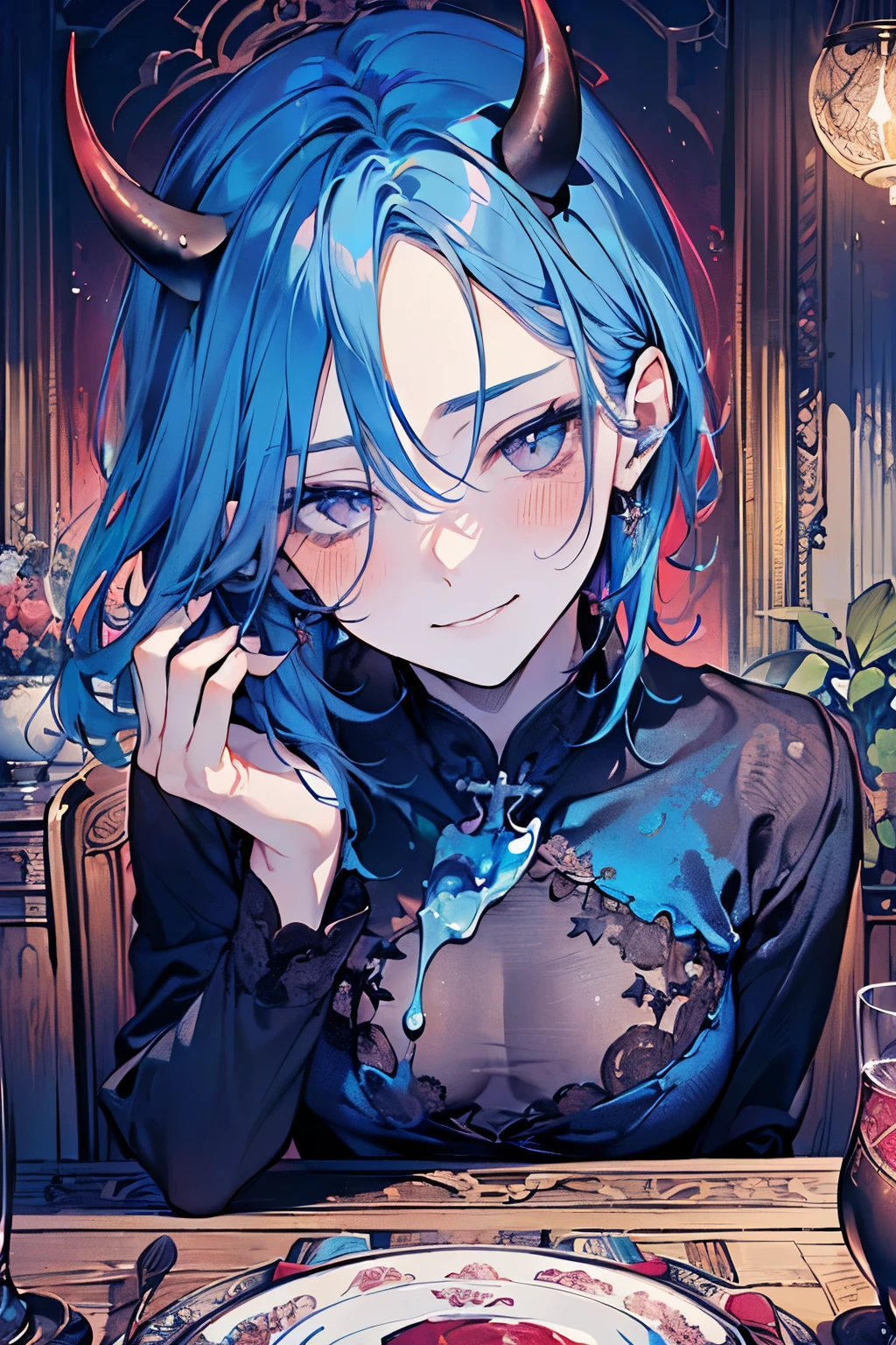 ((male:1.5)),(forehead mark),(Silky blue hair:1.2),((Devil horns:1.2)),(A sad, melting smile:1.5),((A room with a sexy atmosphere:1.25)),(nsfw:1.25),((high quality:1.1)),((perfect Face:1.2)),((beautiful image:1.1)),Close-up of face,(blush,Falling into Pleasure:1.3),((Antique furniture and tableware:1.1)),((fellatio:1.3)),((Looking up:1.2))
