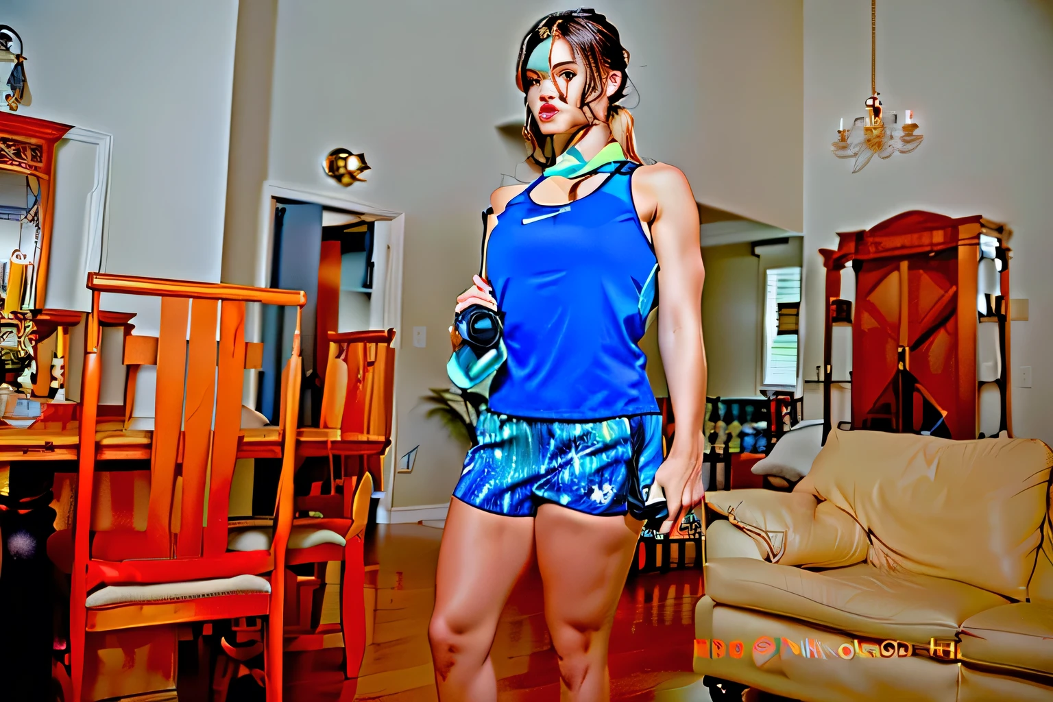 there is a woman standing in a living room holding a remote, wearing fitness gear, sport bra and dark blue shorts, fit pic, in an action pose, indoor picture, indoor shot, shot on nikon d 3 2 0 0, sport bra and shorts, leaked image, indoor, in shorts, in good physical shape, lunging at camera :4