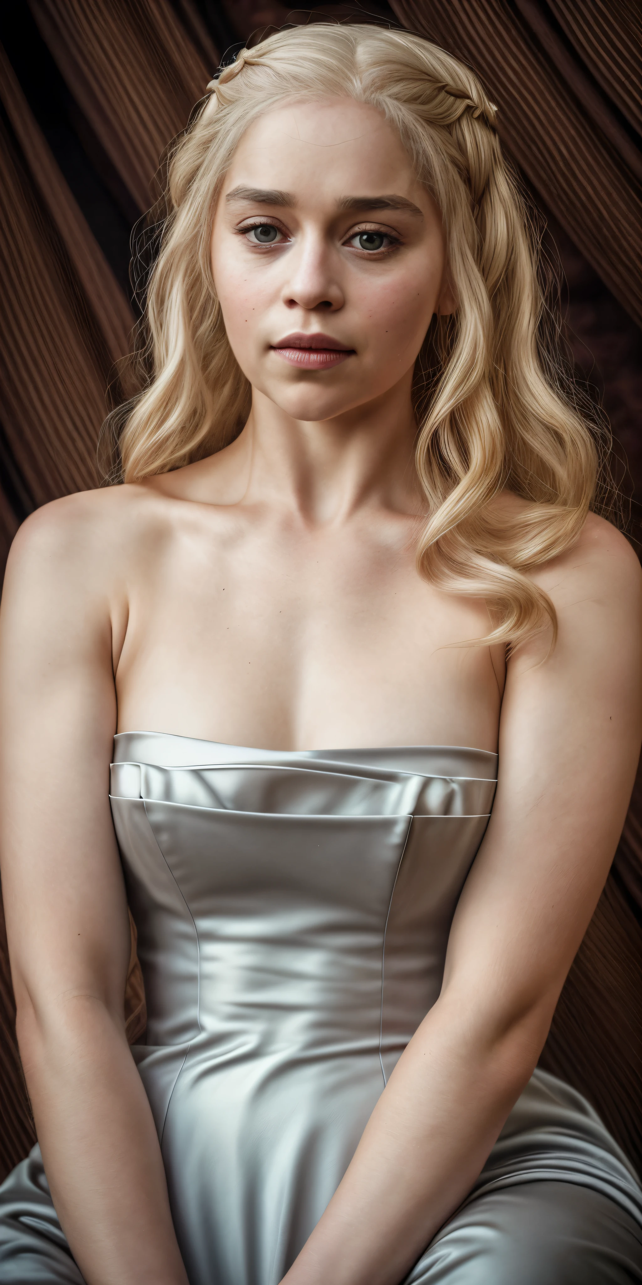 masterpiece, stunning portrait photo of khls woman, sleeveless, erotic costumes, sensual satin dress, game of thrones inspired costumes,