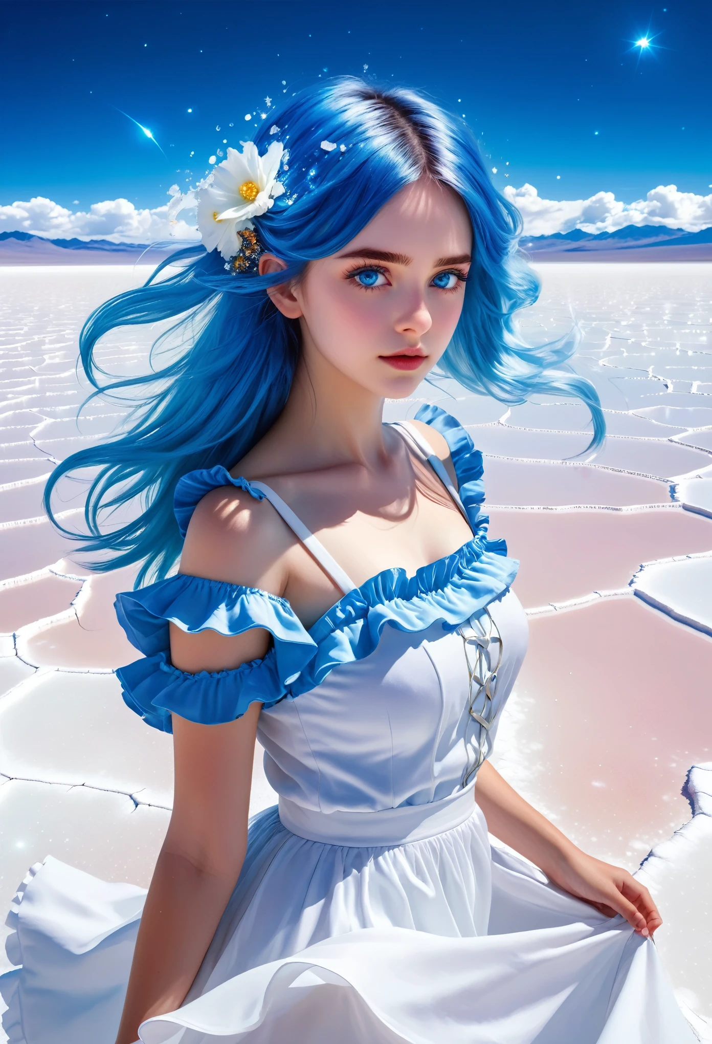 absurd, High resolution, (Official Art, beautiful and aesthetic:1.2), (myopia:1.15), (1 Girl, Blue Hair, Medium Length Hair, blue eyes, Bright Eyes, White long skirt, Blue ruffles,:1.2) Blue sky, Glittering galaxies, (Uyuni Salt Flats:1.2), (Fractal Art:0.8), Water Effects, Ripple effect, (Flower Effect: 0.65), Lighting Effects,