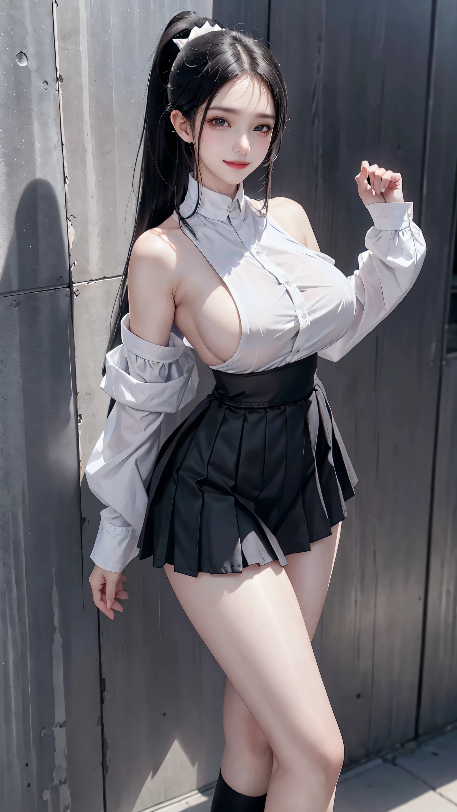 1 female,ars old,Black Hair,Beautiful ponytail hairstyles, (High Waist Skirt:1.3),, (White shirt:1.3), (Double-breasted,Underbust:1.2), Moaning,Sweaty thighs,My crotch is wet,Roll up your skirt,who、blush、whole body、A skirt so short that you can almost see her butt、Sleeveless clothing、In a dark alley、Morning Short Skirt、Sideboob、See-through outfit、Posing that emphasizes her big butt、Clothes with a wide open back、High heels、Sexy woman