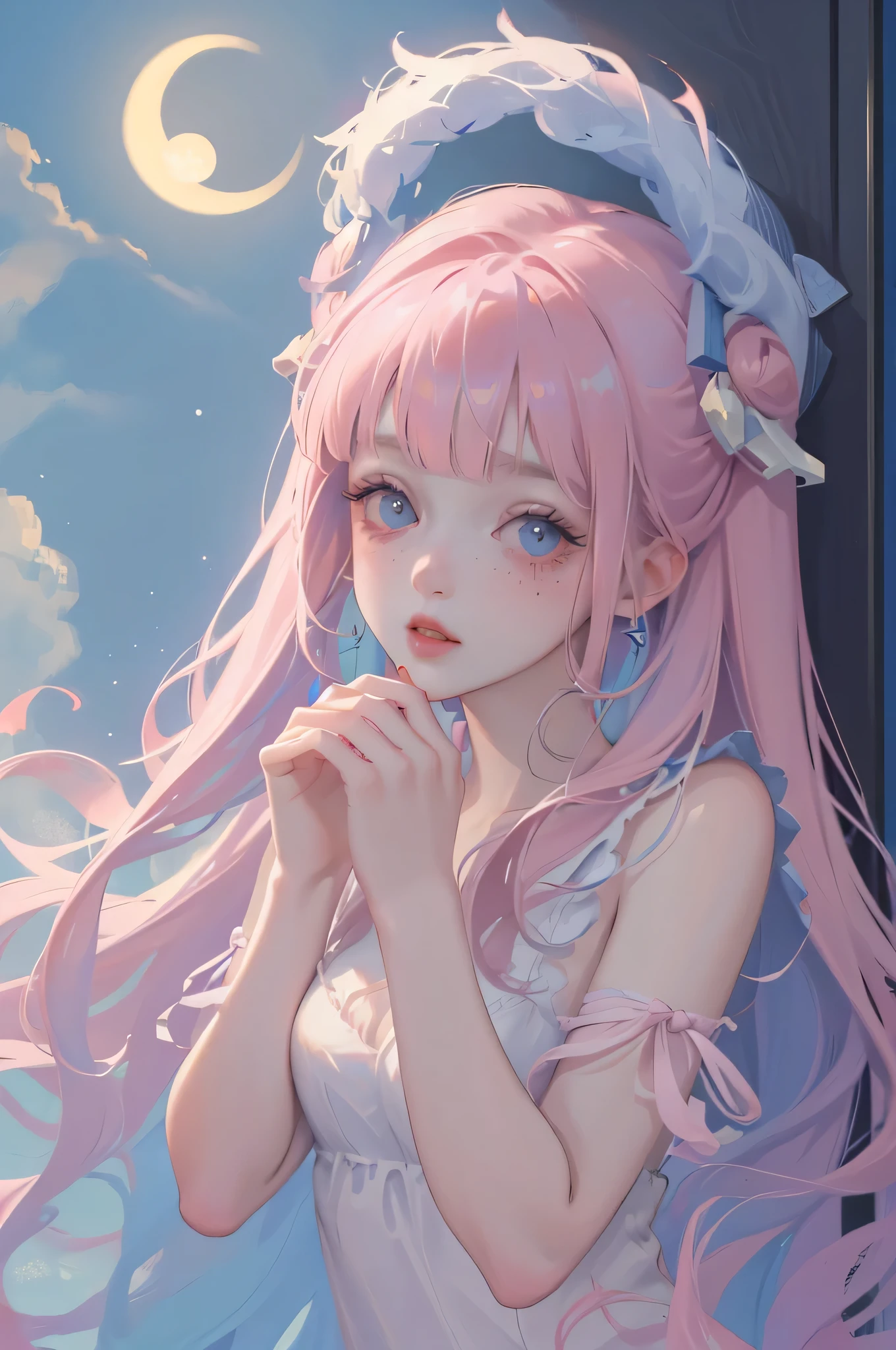 (high quality) (best quality) (a woman) (correct physiognomy) (5 fingers on each hand) (two arms) (two eyes) White woman, pink hair with bangs on the forehead, blue eyes, tender lips, middle age , bunny ears coming out of a navy blue head with small moon-shaped freckles, colorful clothing, location of the photo in a room.