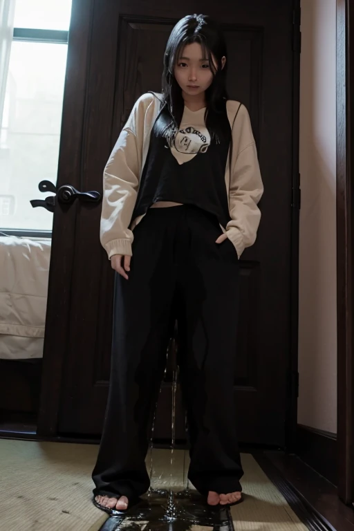 Japanese Girl sees the ghost and pees her black palazzo pants until her pants are wet in fright.