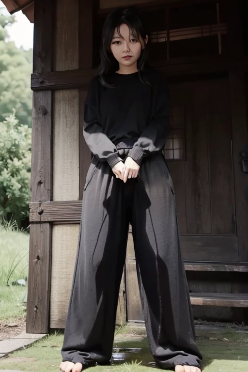 Japanese Girl sees the ghost and pees her black palazzo pants until her pants are wet in fright.