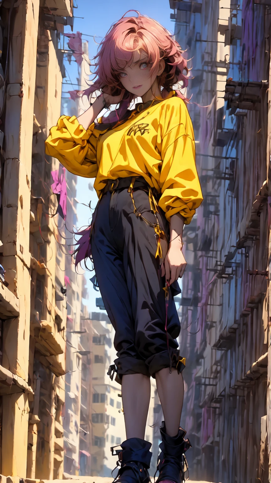 ((long shot, full body: 1.6)), purple: 1.5, orange: 1.1, green: 1.3, White: 1.3, yellow: 1.3, (rapper girl with scary hair, highly detailed eyes and body and beautiful baggy and baggy clothes :1.6), tattoos, (walls with Graffiti: 1.2), flower, Leaves, born in the mist, lines, leaning on the wall with a spray paint in her hand, action pose, 32K. dynamic modeling pose.