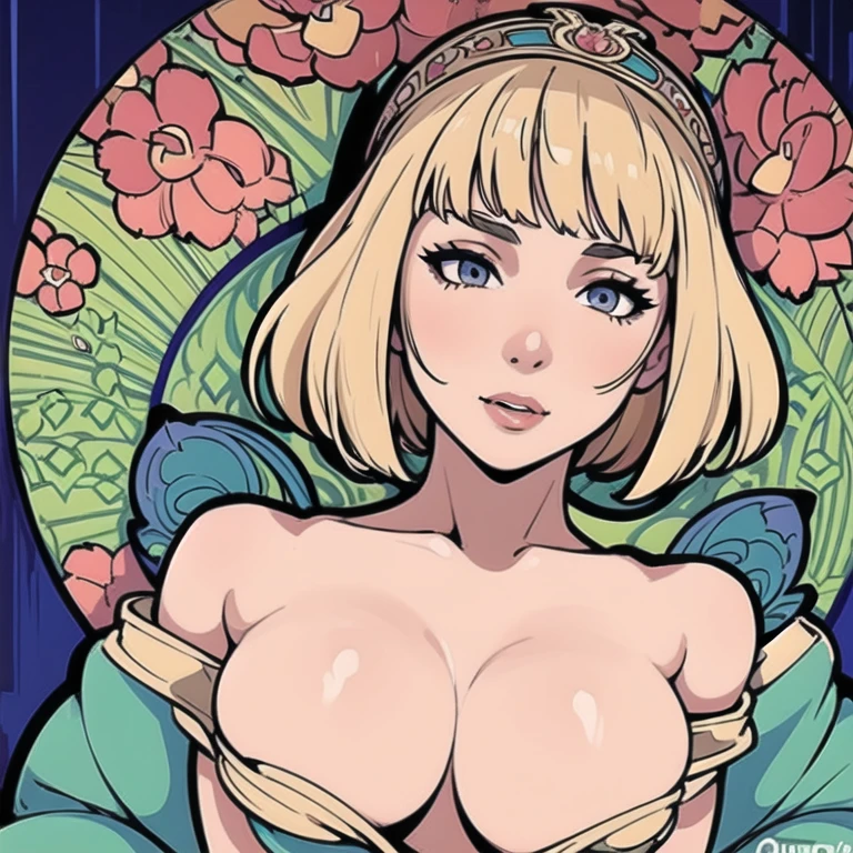 ((Detailed face)),((Mucha's style)),(vulgar),(portrait),huge breasts, Raised tits,sexual excitement,( The look of ecstasy),having  after sex,fluffy bob cut,(arms behind back:1.2),((addiction to sex))((Medieval fantasy queen )),(high position:1.6)
