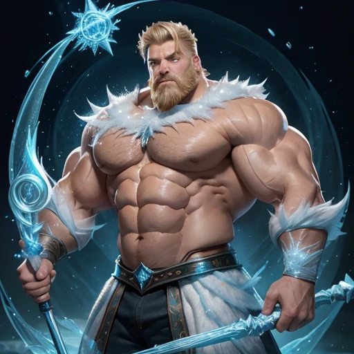 A frost mage is shaping two spirals of  frozen water around himself. He is an absolute muscle monster, 20 years old short blond hair and stubble. Obscenely wide shoulders and traps. Very defined ‘V’ body shape with a narrow waist. Well defined six pack. Very hairy chest. Spinning a staff around himself