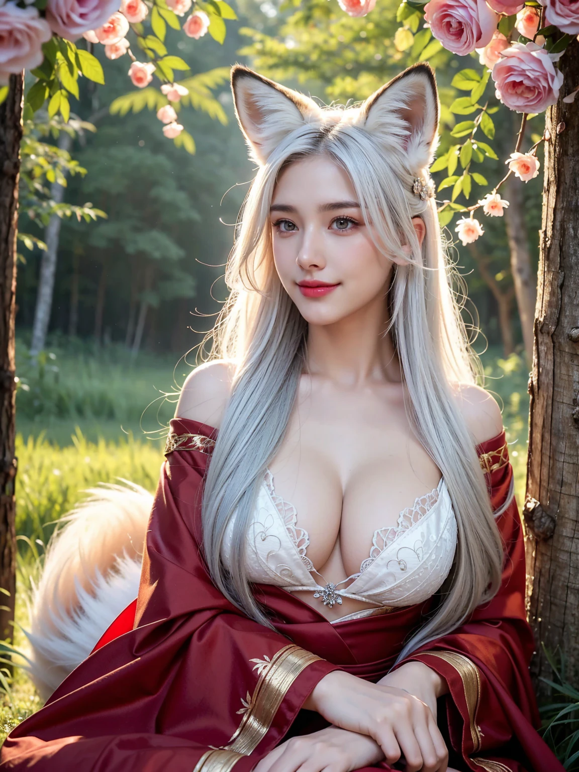 (Canon RF85mm f/1.2), (8k, RAW photos, ultra high quality), (masterpiece), (realistic, photograph realistic), (ultra-detailed, High detail, Best image quality, super detailed, high resolution, Very detailed, Extreme detail description, hyperdetailed painting, An extremely delicate and beautiful work), (Fox ears white hair girl, full body), (Painting of a fox with white hair sitting on a branch, ethereal fox, nine tail fox, Fox nine-tailed fox), A beautiful artwork illustration, Inspired by the mythical creature wilderness, mythological creatures, red coat, Breast enlargement, cleavage, Raised, ((nipple)), Get wet all over your body, Pose with your breast facing you, Beautiful digital artwork, Exquisite digital illustration, dim lights, horror theme, Dark atmosphere, (Affectionate gaze, soulful eyes, realistic eyes), (beautiful and clear eyes), ((smile with dimpled:1.2)), ((looking at audience:1.2)), ((standing))