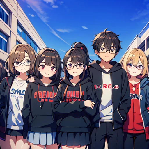 Front view of 5 college students, the boy is in the center wearing a black hoodie while the 4 more students are girls. Two of the girls wears eyeglasses. One the girls is kinda chubby. While the one girl wears skirt and a blouse. They seem happy together in front of a recording camera