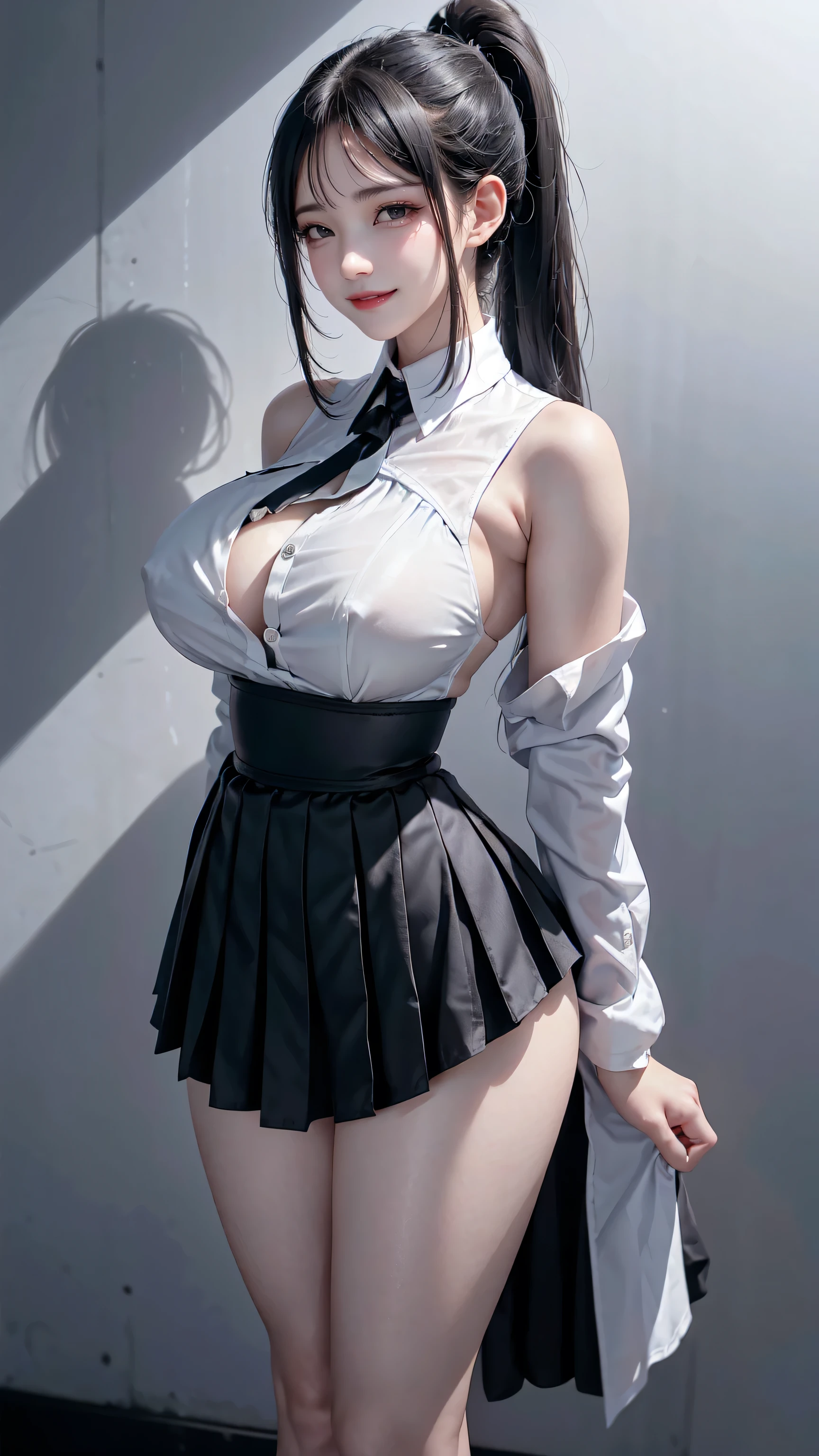 1 female,,Black Hair,Beautiful ponytail hairstyles, (High Waist Skirt:1.3),, (White shirt:1.3), (Double-breasted,Unt:1.2), Moaning,Sweaty thighs,My crotch is wet,Roll up your skirt,who、blush、whole body、A skirt so short that you can almost see her butt、Sleeveless cing、In a dark alley、Morning Short Skirt、Sideboob、See-through outfit、Posing that emphasizes her big butt、Clothes with a wopen back、High heels、Sexy woman