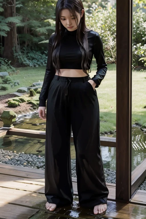 Japanese Girl sees the ghost and pees her black palazzo pants until her pants are wet in fright.