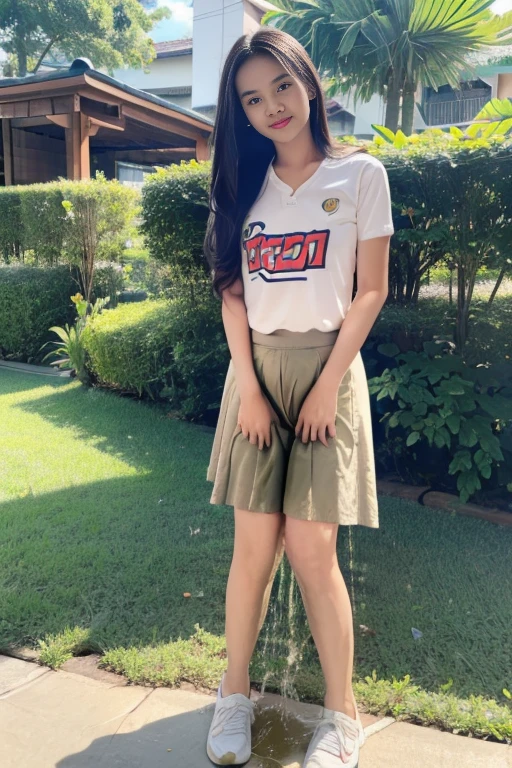 A  girl with Indonesia face, approximately 16 ye girl can be seen in the process of peeing. Standing. Wet patch. Incontinence (urination:1.5) (peeing in skirt) (facw view to camera)