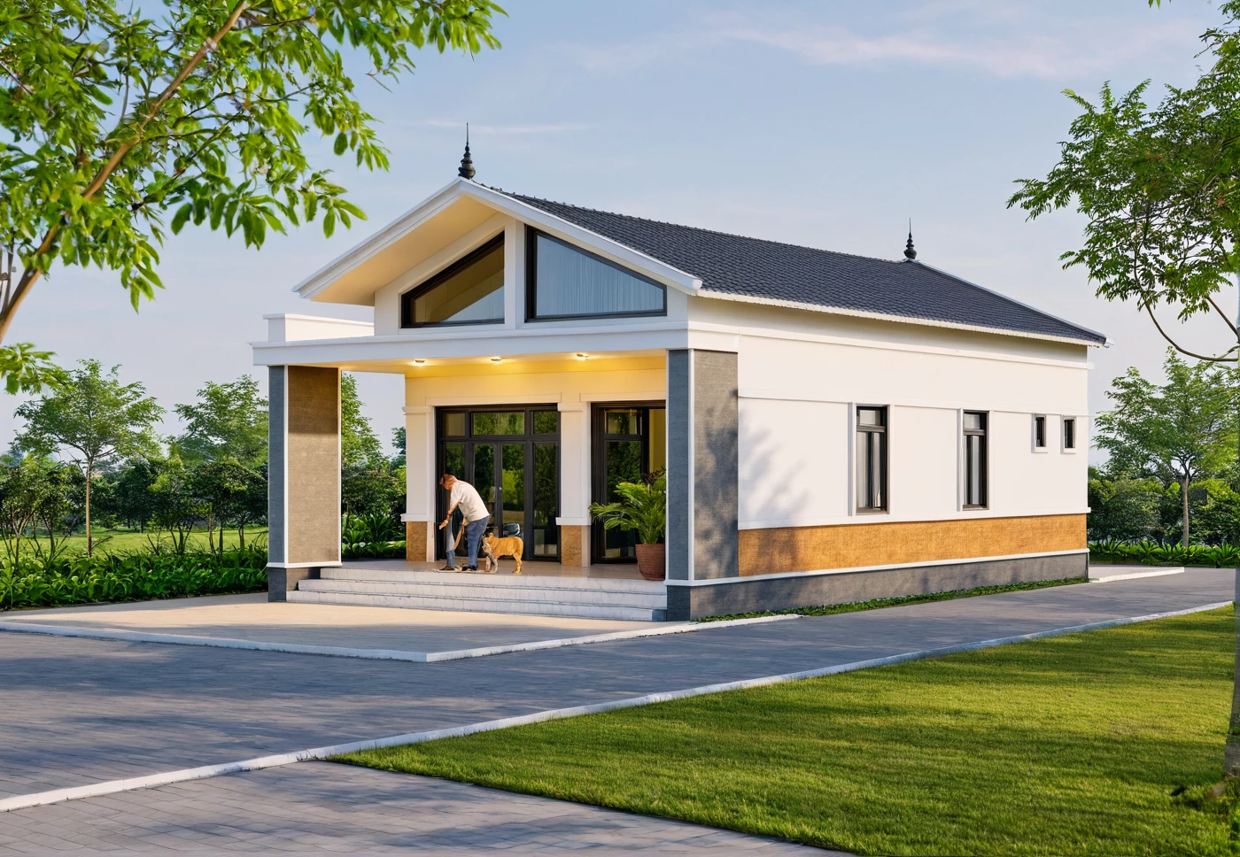 Raw photo,Masterpiece, high quality, best quality, authentic, super detail, exterior, outdoors, house, Nhamaithai, aiaigroup on the tropical garden, minimalist line,onestoreyvilla grass,tropical trees, sky, (day:1.1),on the tropical garden