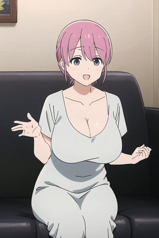 (Highly detailed CG Unity 8k wallpaper),(masterpiece),(highest quality),(Super detailed),(Best illustrations),(Best Shadow),(Absurd), Michiyo, One girl, One big guy, Pink Hair, Sitting, sofa, smile, shirt, Open your mouth,(Round neck、Cleavage、Cleavageが見えるノースリーブマキシワンピ), short hair, indoor, Place your hand on your stomach、(Huge breasts:2.5)、Milk tent、From before:0.7、