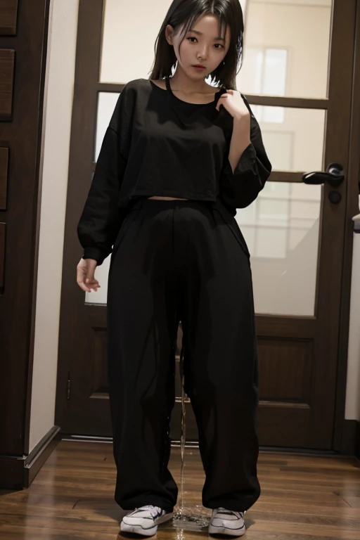 Japanese Girl sees the ghost and pees her black palazzo pants until her pants are wet in fright.