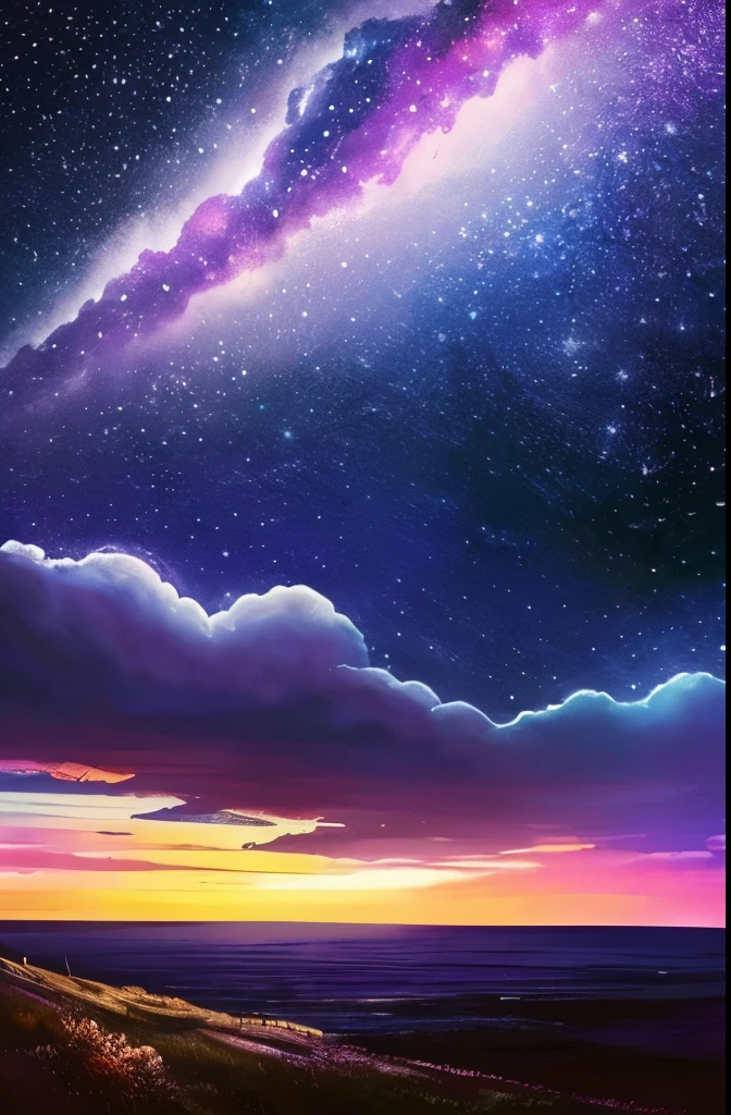 a painting of a night sky with clouds and stars, nebula clouds, nebula sky, space clouds, dramatic nebula sky, beautiful night sky, cosmic sky, interstellar stormy bright sky, dramatic night sky, night clouds, cosmic skies, epic clouds and lighting, atmospheric fantasy sky, purple nebula, in the universe.highly realistic, epic clouds and godlike lighting