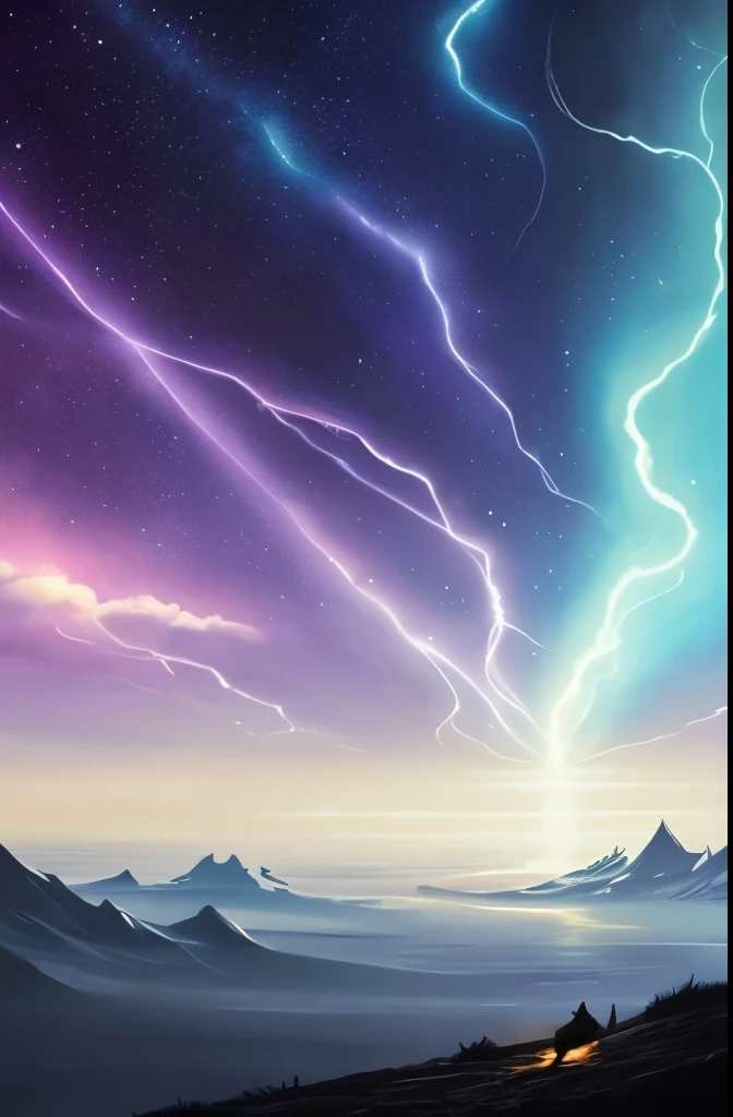 a painting of a night sky with clouds and stars, concept art by Christopher Balaskas, trending on cgsociety, space art, nebula clouds, nebula sky, space clouds, beautiful night sky, dramatic nebula sky, cosmic sky, interstellar stormy bright sky, dramatic night sky, night clouds, cosmic skies, epic clouds and lighting, atmospheric fantasy sky, purple nebula