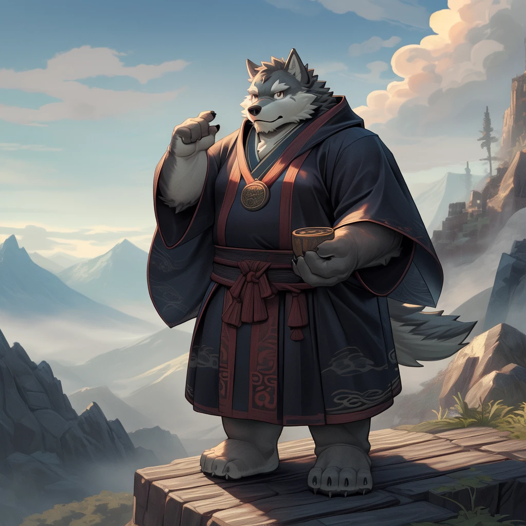New Jersey 5 Hairy, Wolf,Full body portrait of an individual, male,exquisite,round face, chubby,thick arms,plush fur,Mountain Top,Cloud,shrouded in mist,Monk,Full set of Xian Xia clothing,Taoist robe,cloak,Cultivation,Xian Xia,pride