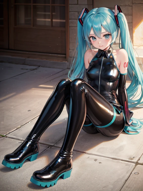 ((Top quality)), ((Masterpiece)), ((best quality:1.2,)), ((Hatsune Miku)), (Shiny latex full body suit), ((Shiny latex boots, latex pantyhose)), 