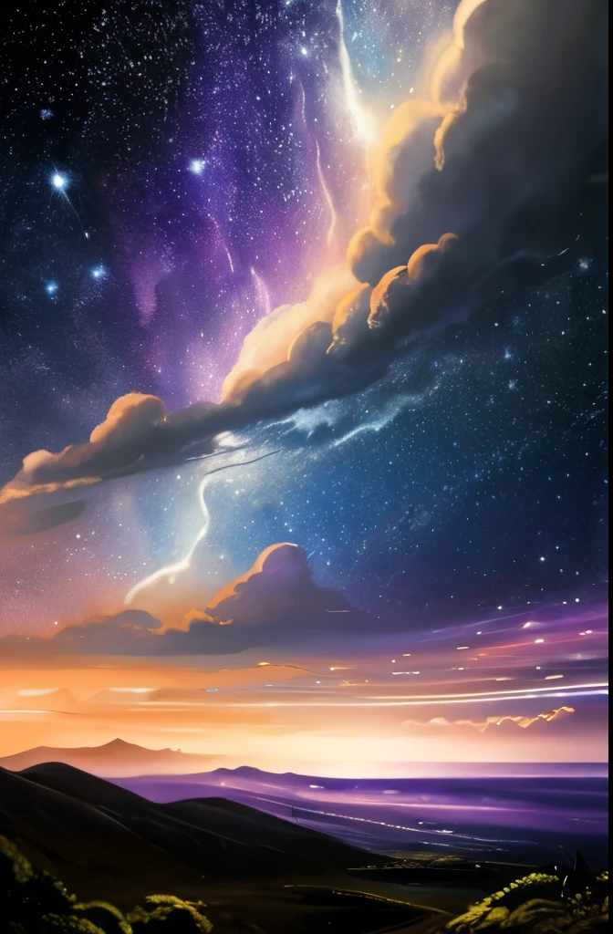 a painting of a night sky with clouds and stars, nebula clouds, nebula sky, space clouds, dramatic nebula sky, beautiful night sky, cosmic sky, interstellar stormy bright sky, dramatic night sky, night clouds, cosmic skies, epic clouds and lighting, atmospheric fantasy sky, purple nebula, in the universe.highly realistic, epic clouds and godlike lighting