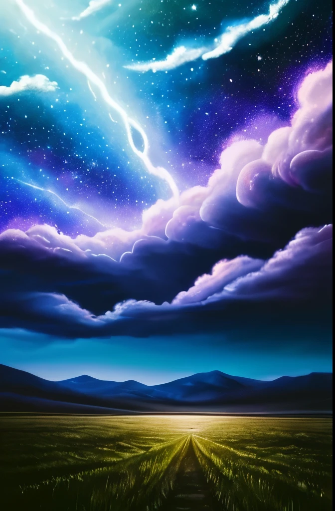a painting of a night sky with clouds and stars, nebula clouds, nebula sky, space clouds, dramatic nebula sky, beautiful night sky, cosmic sky, interstellar stormy bright sky, dramatic night sky, night clouds, cosmic skies, epic clouds and lighting, atmospheric fantasy sky, purple nebula, in the universe.highly realistic, epic clouds and godlike lighting