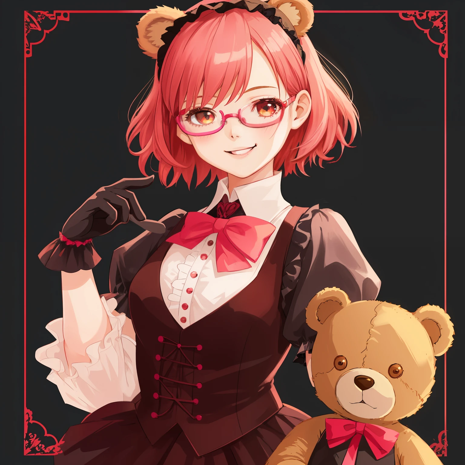 1girl, anime, red_pink_hair, short_hair, brown_eyes, playful_smile, short_sleeves_blue_lolita_ouji_vest, gothic_background, lolita_headbow_with_bear_ears,  glasses, looking_at_viewer, holding_one_giant_teddy_bear
