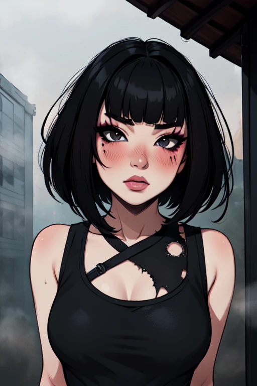 1girl, FengMin, solo, skinny, black eyes, asian eyes, eyeliner, looking at viewer, lips, black bob cut, blunt bangs, blush, standing, upper body, face focus, outdoors, horror \(theme\), night, fog egirlmakeup