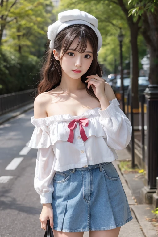 nsfw,,8k,ultra-detailed,best quality, masterpiece, ultra high res, (photorealistic:1.5), RAW photo,looking at viewer,clear eye,1 girl,20year-old,realistic:1.5,JK Makeup,Perfect figure,Normal chest,The chest is open,Off the shoulder,front,Standing posture,Wave,semi-long,Peeps Girls,Urahara system,Strong and cute:1.3,PEEPS,Rakuma,WEGO,Shimamura,JK Fashion,Peeps items,