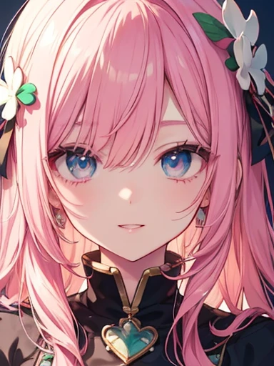 whole body,Pink Hair,Clover-shaped hair ornament,Thick lips,masterpiece、Best Quality、Beautiful detailed face and eyes、High collar、8k CG、Shadows are clear,Anime style illustrations,Beautiful eyes,Shine in the eyes,smile,Strong eyelashes,Medium-long hair