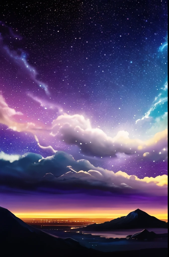 a painting of a night sky with clouds and stars, nebula clouds, nebula sky, space clouds, dramatic nebula sky, beautiful night sky, cosmic sky, interstellar stormy bright sky, dramatic night sky, night clouds, cosmic skies, epic clouds and lighting, atmospheric fantasy sky, purple nebula, in the universe.highly realistic, epic clouds and godlike lighting