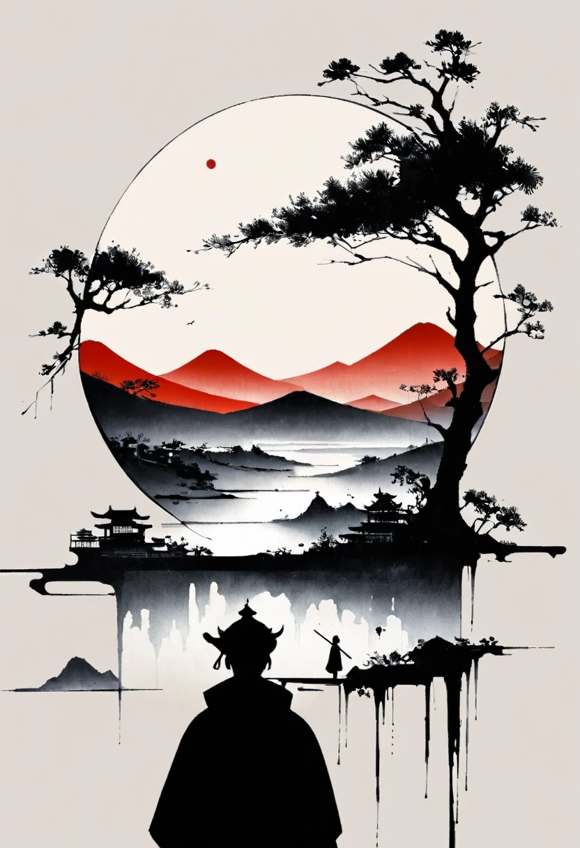 (大量留white:1.5)，white, white色背景, simple, Minimalism, abstract,Freehand，Aesthetic，黑与white，Ink Painting，antiquity，Mountain，People in the distance