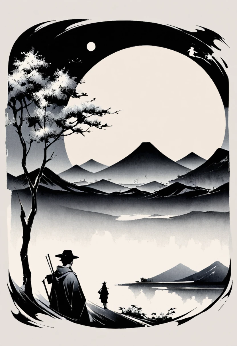 (大量留white:1.5),white, white色背景, simple, Minimalism, abstract,Freehand,Aesthetic,黑与white,Ink Painting,antiquity,Mountain,People in the distance