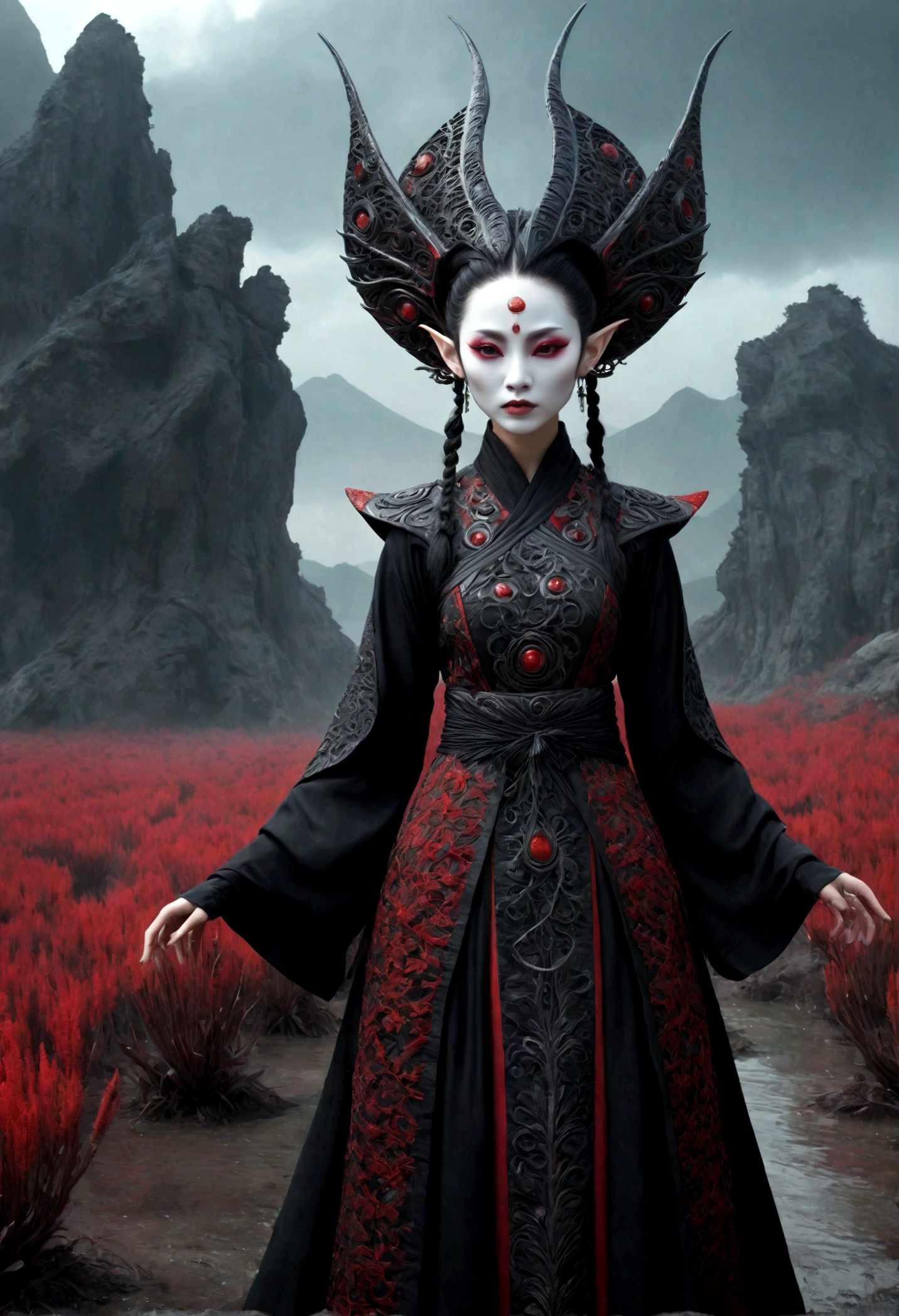 heght view ,junkie elf,hanfu,once pretty face,eyebrow up,full body shot,xenomorph,ominous landscape,glate gray atmosphere,wariza,Bun Hair,(Folk clothes:1.5), long dress, pronounced feminine feature, Complex background,  [night landscape],junkie, deeply matte black, organic outfit with a curved mask and a glass dome visor, organic surrounding dead flowers and plants,fashionable alien  heroine, vespertine, futuristic clothing and glass, movie still, avante garde design stylings inspired by red and black squares and curves(Intricate:1.4), decadent,prime colors,extremely detailed, masterpiece,intricate details,faded,eyes extremely detailed, insane details, intricate details, hyper-detailing,full-body-shot,  Technicolor,natural skin textures, hyper realisitc, hyper detailed,High contrast,Masterpiece,Realistic,Ultra Detailed,intricate details,realistic humid skin,extremly intricate,Epic Realistic, Romantic, cinematic style,by art irina yermolova,orc, messy hair,masterpiece, high detailed eyes,8k resolution,RAW, Nikon Z9,by jimmy chin,by art Simon Stalenhag,Nicola Samori,Wangechi Mutu,Lisa Frank,(professional 3d render:1.3)
