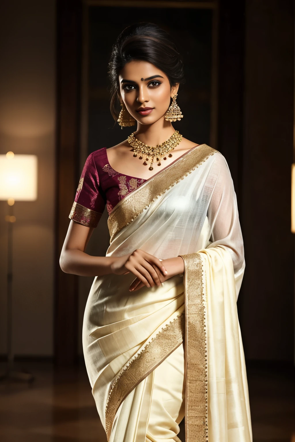 In this photograph, an Indian Instagram female model in her mid-20s takes center stage. Captured by Lee Jeffries with a Nikon D850, using 4 Kodak Portra 400 film stock, the image boasts rich colors, hyper-realistic details, and lifelike textures. The background, a moody private study in a 5-star hotel, adds an air of sophistication and elegance.
The model, now showcasing a small laugh, is draped in a stunning cream saree that exudes timeless elegance. The saree features a subtle yet intricate design with delicate patterns and luxurious fabric, enhancing her sophisticated appearance. The blouse, short-sleeved and adorned with detailed embroidery and beadwork, complements the saree perfectly.
Her traditional look is completed with exquisite jewelry, including bangles, earrings, and a necklace. Her hair is styled in a classic bun adorned with jasmine flowers, adding a touch of tradition and grace. The photograph, captured in 8K resolution using cutting-edge techniques such as Cinema 4D and Octane Render, results in a highly detailed and photorealistic image.
Studio lighting, HDR, and a smoky mist create a captivating ambiance, while the bokeh effect adds an artistic touch. The model’s small laugh and elegant cream saree make this image a perfect blend of traditional charm and modern photographic excellence.