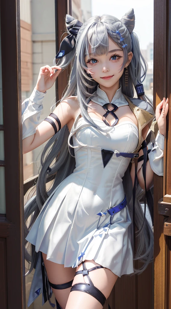 (masterpiece, best quality:1.2), cowboy shot, solo, 1girl, vestia zeta, virtual youtuber, smile, looking at viewer, hair ribbon, hair ornament, white dress, single thighhigh, thigh strap,cute pose,smile