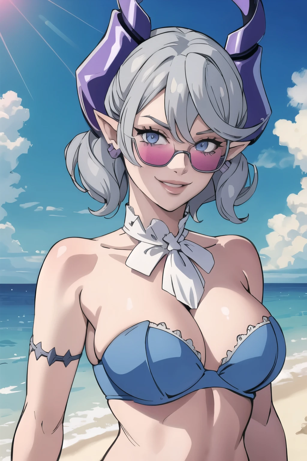 High level image quality best image quality 8K adult woman beach sunset palm trees whole body view portrait blue bikini horn ears short hair((shortcut)(gray hair)(perm)(fluffy)) eye color is blue , pink sunglasses , attractive evil face , smile , sexy pose , labrynth , barearm , wearing white shirt , standing , crossed leg style in detailed , view from side