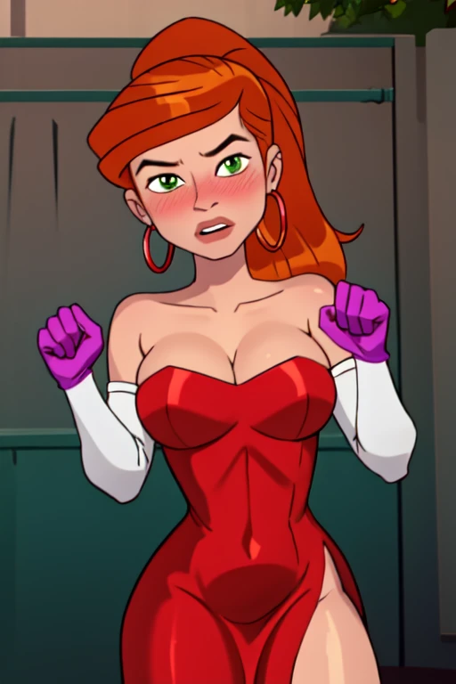 gwentennyson, orange hair, ponytail, green eyes, wide-eyed, shocked, looking at viewer, head tilt, standing, paw pose, shiny skin, hoop earrings, solo, nose blush, outdoors, j3ss1c4r4bb1tdr3ss, , (skindentation:1.2), elbow gloves, long red glitter dress, side slit, strapless dress, red dress, purple gloves,
