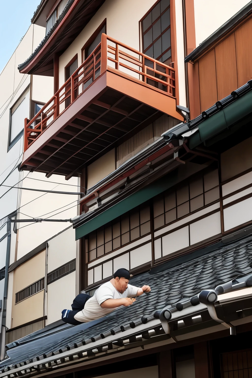A fat middle-aged Japanese man falls from the roof of a building