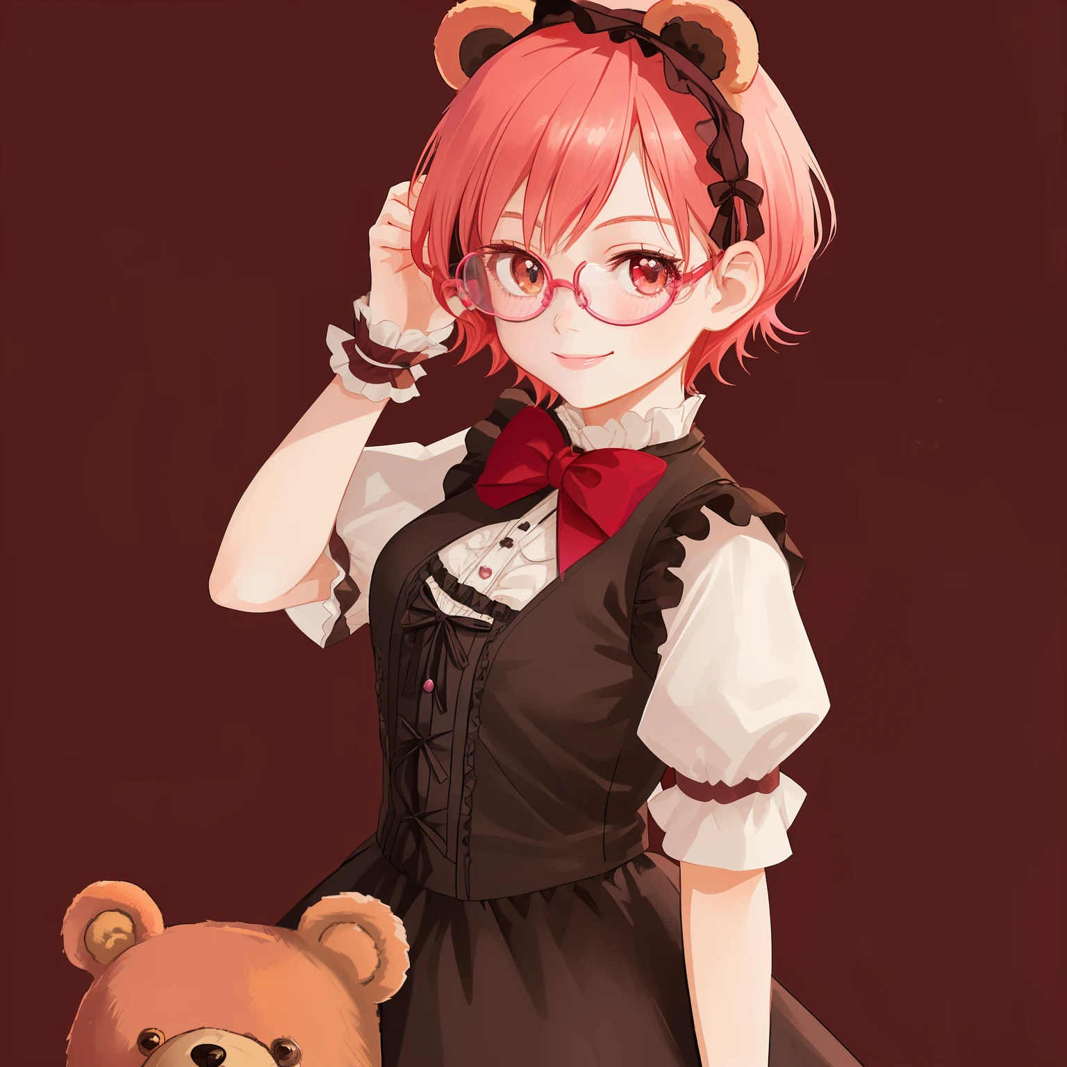 1girl, anime, red_pink_hair, short_hair, brown_eyes, playful_smile, short_sleeves_blue_ta_ouji_vest, gothic_background, lolieadbow_with_bear_ears, glasses, looking_at_viewer, holding_one_giant_teddy_bear