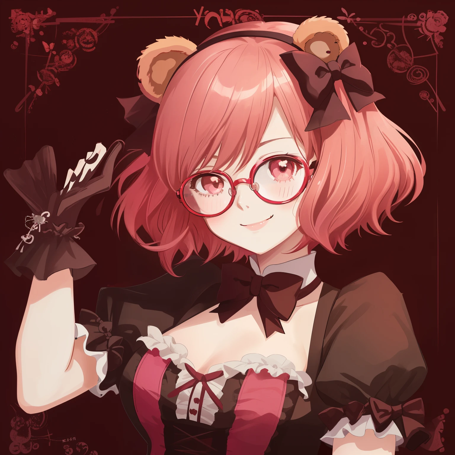 1girl, anime, red_pink_hair, short_hair, brown_eyes, playful_smile, short_sleeves_blue_ta_ouji_vest, gothic_background, lolieadbow_with_bear_ears, glasses, looking_at_viewer, holding_one_giant_teddy_bear