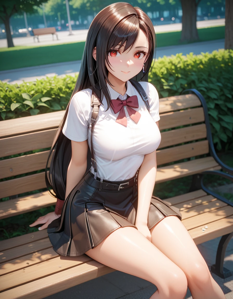 score_9, score_8_up, score_7_up, source_anime, highres, masterpiece, best quality, 4K, high detail, best image, solo, Tifa Lockhart, 1girl, cute face, clear skin, shiny hair, ultra detailed eyes, school dress, shirt, skirt, sitting, park bench, 