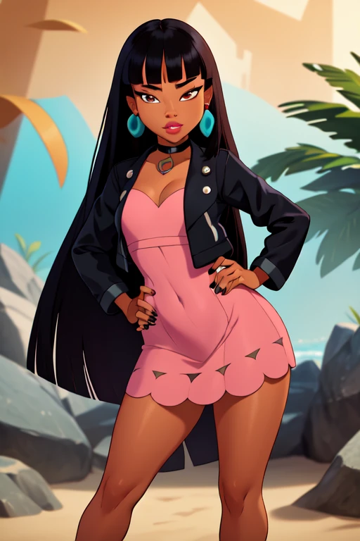 (masterpiece, best quality:1.2), 1girl, solo, chel_eldorado, looking at viewer, cartoon, disney style, standing, absurdly long hair, very long hair, bangs, (blunt bangs:1.1), lips, wide eyes, small breasts, black hair, brown eyes, very long hair, hand on own hip, peace sign, (black nails:0.8), earrings, dark-skinned female, outdoors, beach, (detailed, highres:1.2), dress, pink dress, jacket, black jacket, open jacket, choker, black choker, collar 