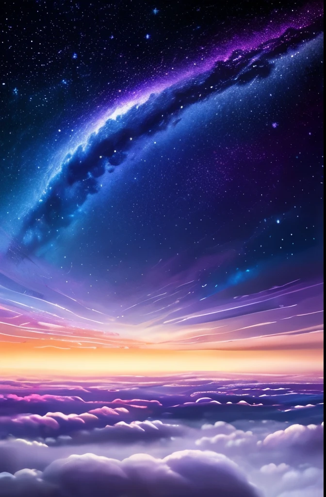 a painting of a night sky with clouds and stars, nebula clouds, nebula sky, space clouds, dramatic nebula sky, beautiful night sky, cosmic sky, interstellar stormy bright sky, dramatic night sky, night clouds, cosmic skies, epic clouds and lighting, atmospheric fantasy sky, purple nebula, in the universe.highly realistic, epic clouds and godlike lighting