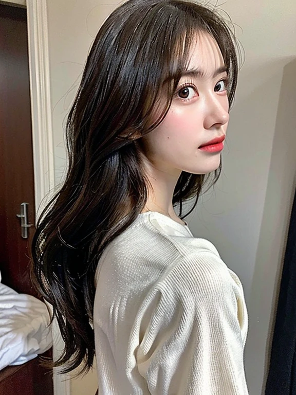 ((highest quality, 8k, masterpiece :1.3)), 1 girl, (Semi-long hair :1.2),Stretching in bed、Photographed in natural light、pajamas :1.1, Back view、Super detailed face、Japanese women, 28 years old, A variety of expressions, alone:1, Various Hair Styles, pajamas, Only one person in the photo、Shooting in a dimly lit room、Back view、profile、Dark brown hair color