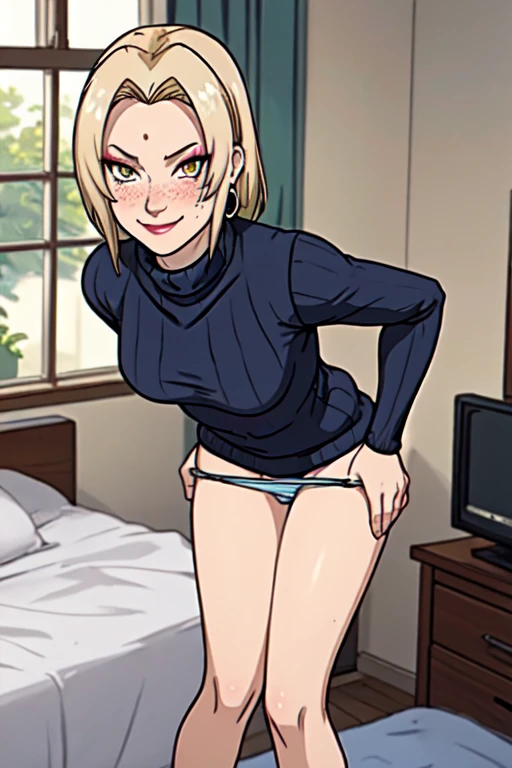 Tsunade, blonde hair, mature female, sweater, turtleneck, standing, leaning forward, smirk, bottomless, long sleeves, silver hoop earrings, metallic, blush, eyeliner, nose blush, freckles, looking at viewer, indoors, bedroom, window, garden, (detailed, highres:1.2), egirlmakeup, (undressing:1.1), (panty pull:1.1), (panties:1.1)