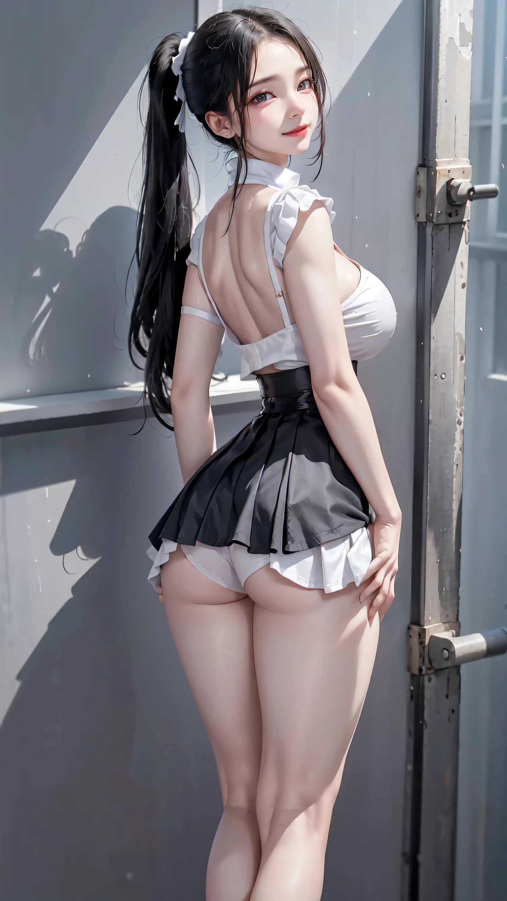 1 female,ars old,Black Hair,Beautiful ponytail hairstyles, (High Waist Skirt:1.3),, (White shirt:1.3), (Double-breasted,Underbust:1.2), Moaning,Sweaty thighs,My crotch is wet,Roll up your skirt,who、blush、whole body、A skirt so short that you can almost see her butt、Sleeveless clothing、In a dark alley、Morning Short Skirt、Sideee-through outfit、Posing that emphasizes her big butt、Clothes with a wide open back、High heels